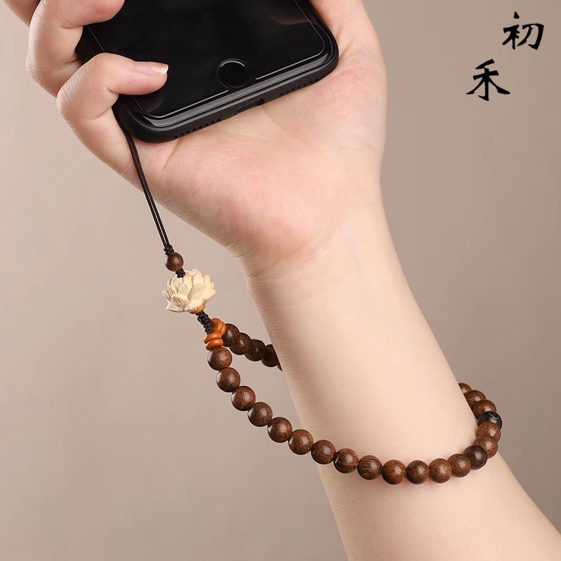 New Original Sandalwood Mobile Phone Chain Boxwood Thuja Lotus Mobile Phone Pendant Keychain Bag Hanging Anti-Lost Wrist Hanging