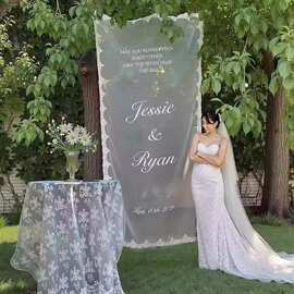 户外草坪婚礼透明蕾丝花边印字纱结婚迎宾区挂布婚庆拍照道具