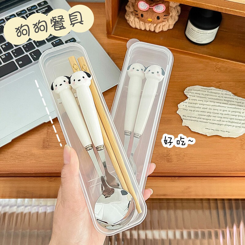 Cartoon Stainless Steel High-Looking Spoon and Fork Sanrio Pacha Dog Children's Stainless Steel Convenient Tableware Three-Piece Set