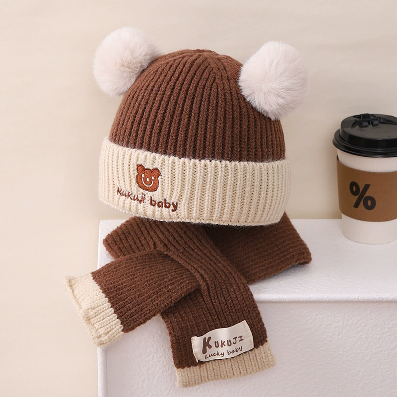 Children's Knit Hat & Scarf Set - Thick Demi-Season Warmth, Bear Patch, Cozy Knit, Color Options
