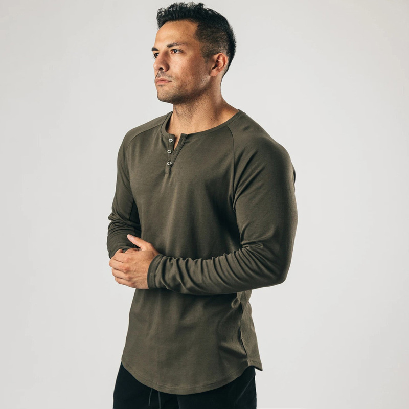 Retro heavy Henry shirt long-sleeved T-shirt solid color sports fitness bottoming shirt men's cotton stretch thin V-neck cardigan Retro heavy Henry shirt long-sleeved T-shirt solid color sports fitness bottoming shirt men's cotton stretch thin V-neck cardigan