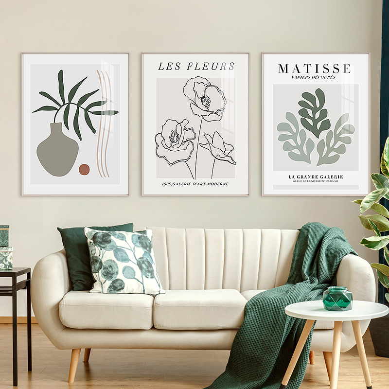 Nordic style living room decorative painting artistic plain green bedroom mural abstract geometric lines flower restaurant corridor hanging painting