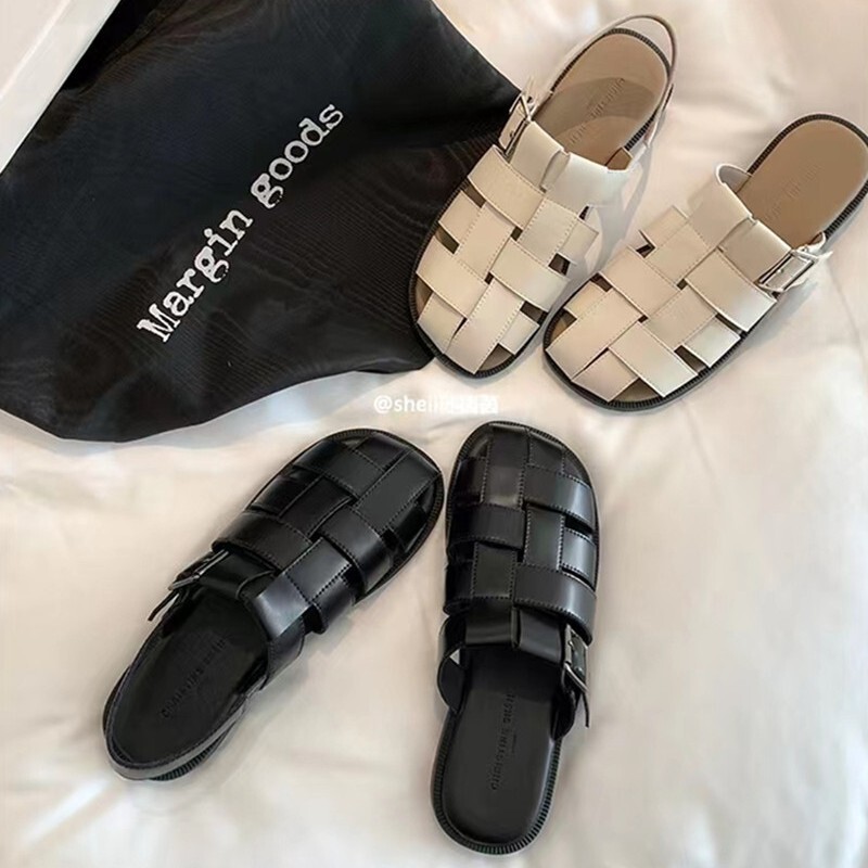 Su Yin's Same Style Is so Soft ~ Cover-Up Genuine Leather Braided Cut Out Flats Roman Sandals Women's Pig Cage Slippers Summer