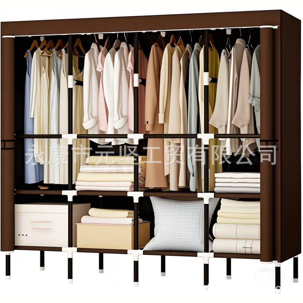 Armario de tela simple, armario de almacenamiento, armario a prueba de polvo, dormitorio, marco de acero, combinación de refuerzo, armario de estudiantes de alquiler al por mayor