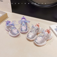 女童可爱运动鞋2025年春秋新款网面珍珠国风蝴蝶结老爹鞋跑步鞋潮
