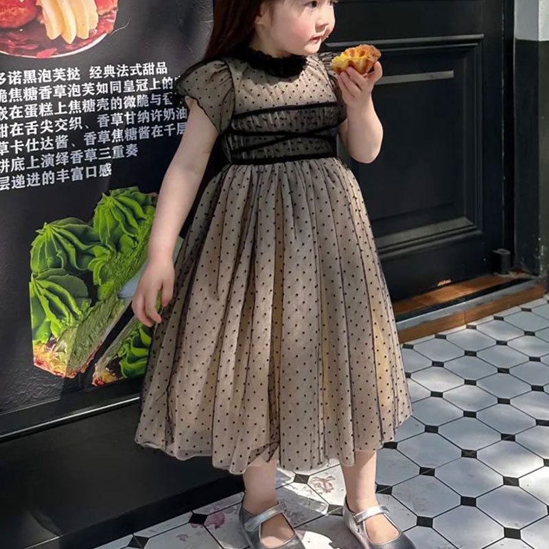 女の子ドレスサマードレス 2025 新しい子供スカート女の子黒水玉プリンセスドレスファッショナブルなメッシュスカートトレンディな|undefined