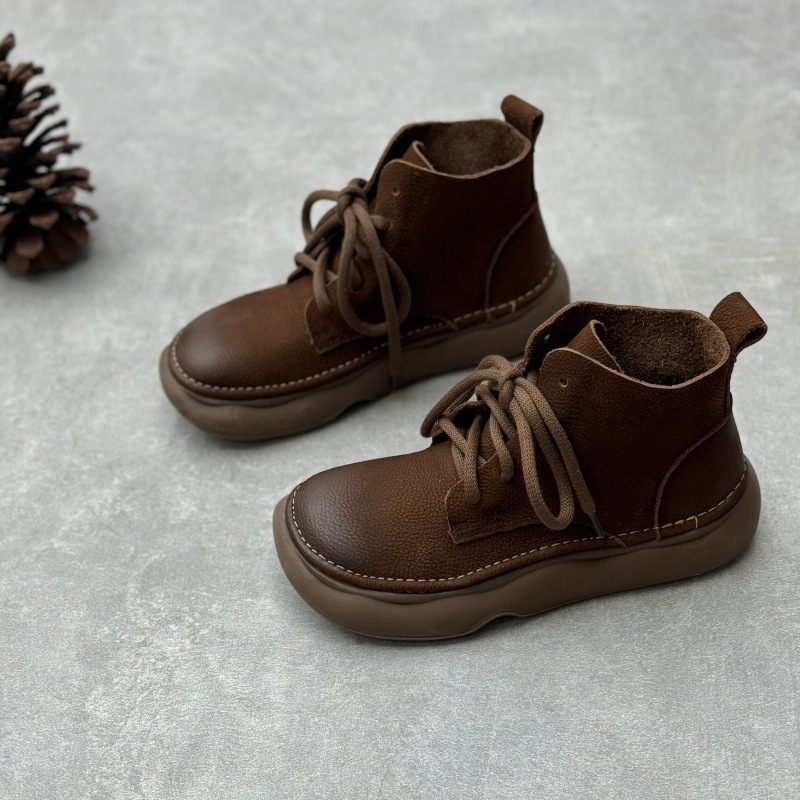 2025秋冬新作 レトロ風本革ショートブーツ ハンドメイド綿麻風ワイドトゥ紐付き一層牛革レディースブーツ