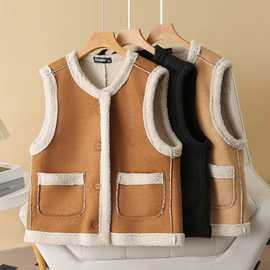 2024秋冬新款大码女装鹿皮绒机车复合颗粒绒皮毛一体马甲 H26 922