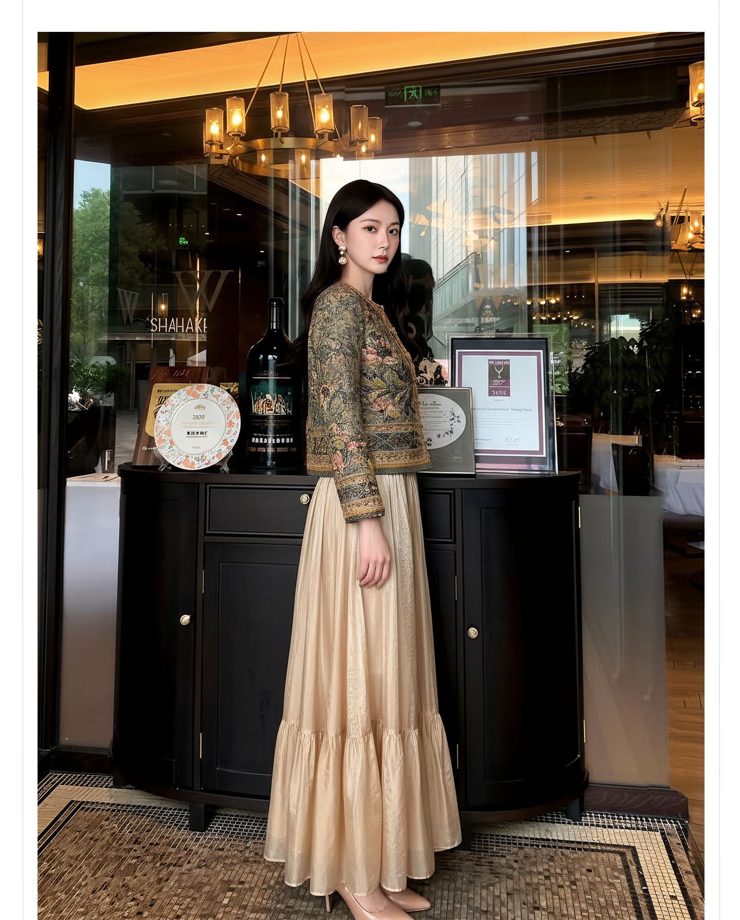 Bộ váy áo khoác + đầm maxi thắt eo phong cách Tân Trung Hoa, họa tiết jacquard nổi bật — nửa váy, Trang chủ, áo khoác chi tiết 7