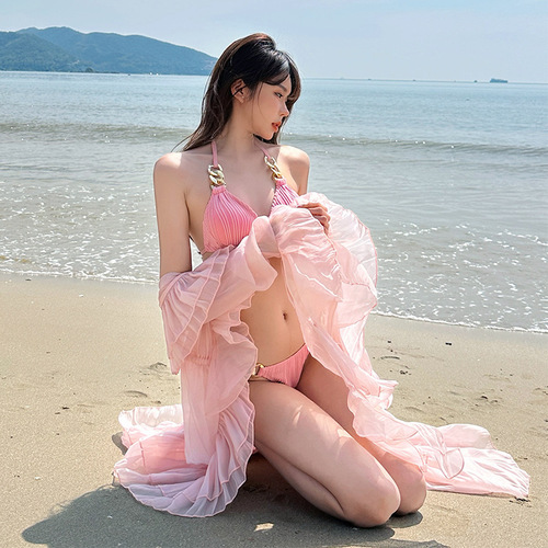 Bikini set for women, influencer style, split bandeau top, three-piece set, sexy, pure desire, hot girl, shaping, beach vacation.