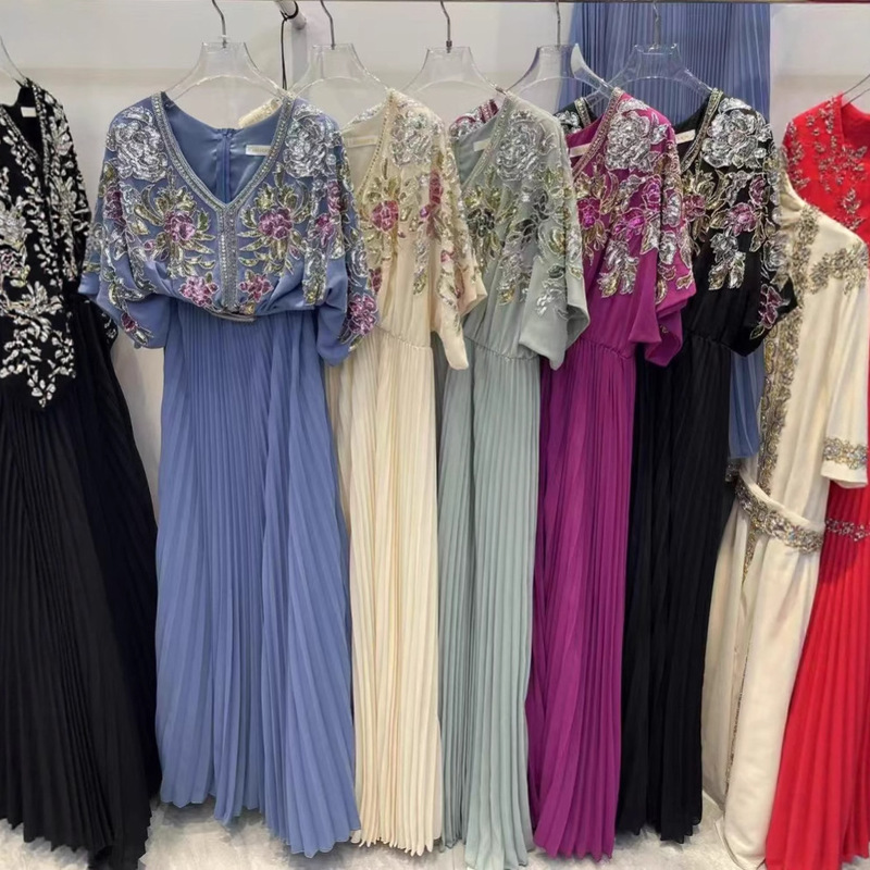 2025 new foreign trade heavy industry light luxury embroidery nail drill flower dress women's high-end elegant dress dress