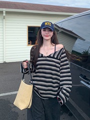 奢彩棉慵懒感条纹长袖t恤女薄款早秋新款松弛V领罩衫宽松防晒上衣