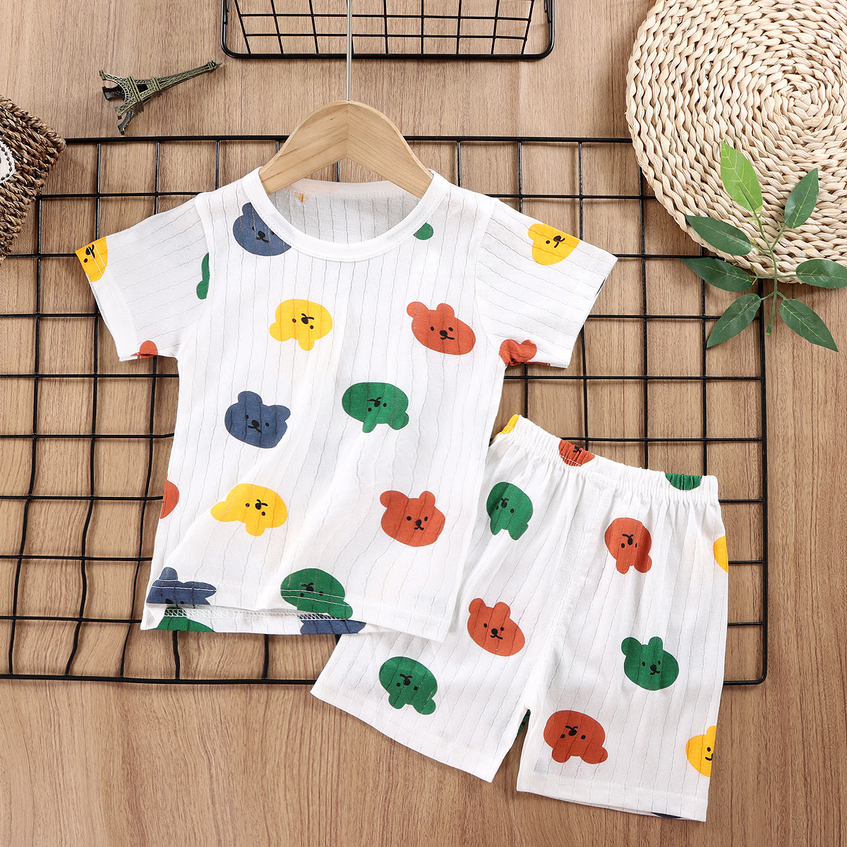 Traje de ropa para el hogar de algodón de verano para niños, pantalones cortos de manga corta para niños y niñas, pijama de dibujos animados para niñas, ropa de aire acondicionado para bebés