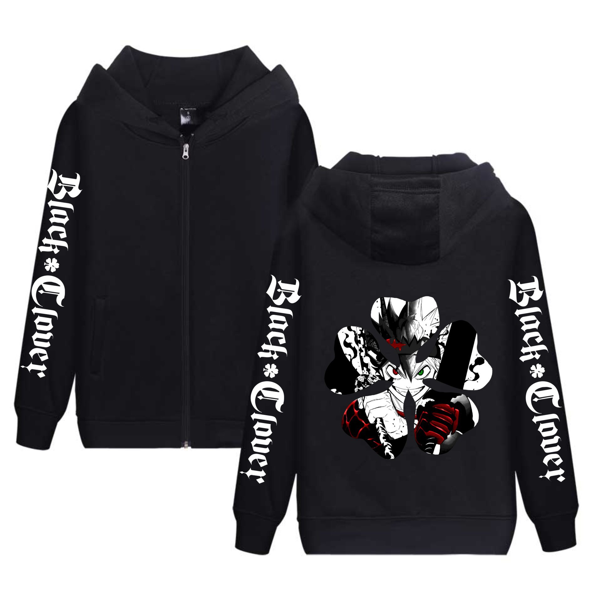 Trébol de cuatro hojas negro nuevo estilo transfronterizo Black Clover más sudadera con capucha de terciopelo con cremallera suéter de pareja