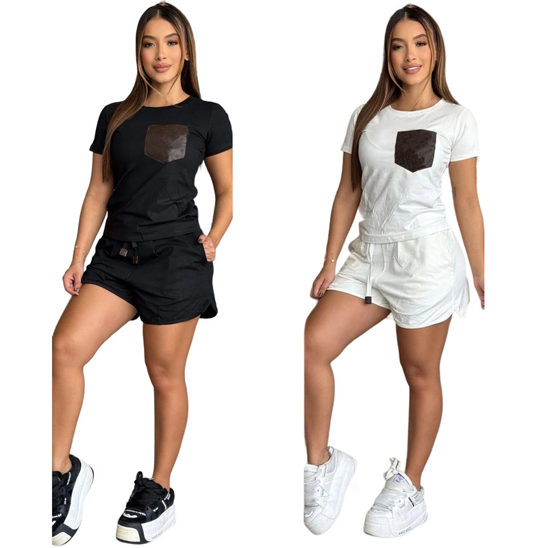 J5194 European and American Cross-Border Women's Fashion Casual Leather Pocket Short-Sleeve Shorts Set in Stock J5194 European and American Cross-Border Women's Fashion Casual Leather Pocket Short-Sleeve Shorts Set in Stock