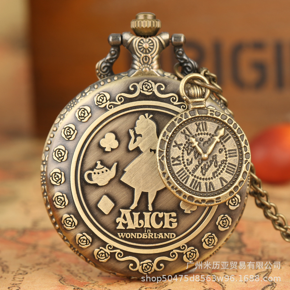 in stock Ancient Large Pocket Watch Little Girl Alice Double-Sided Exquisite Engraved Rabbit Playing Card Accessories