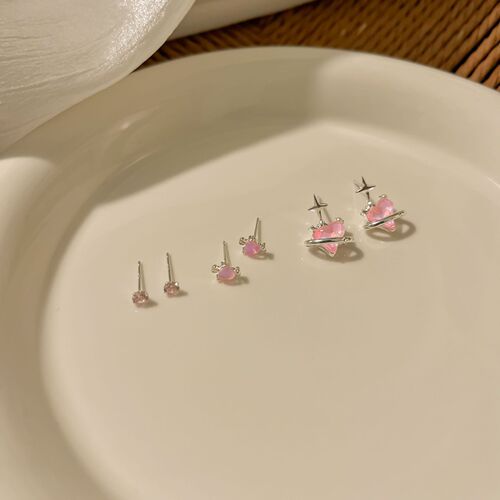 s925 silver needle pink rhinestone new earring set girl heart super flash ear bone nail student versatile earrings wholesale