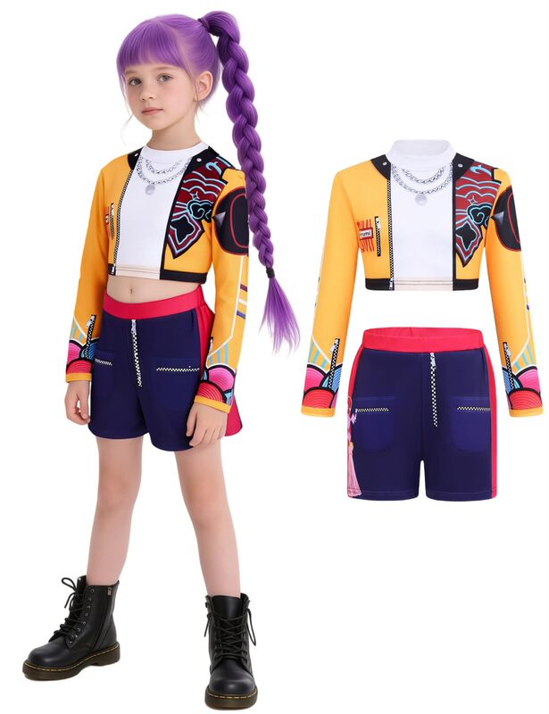 2025亚马逊新款女孩恶魔猎人服装搭配流行歌手3D印花女装童装套装|undefined