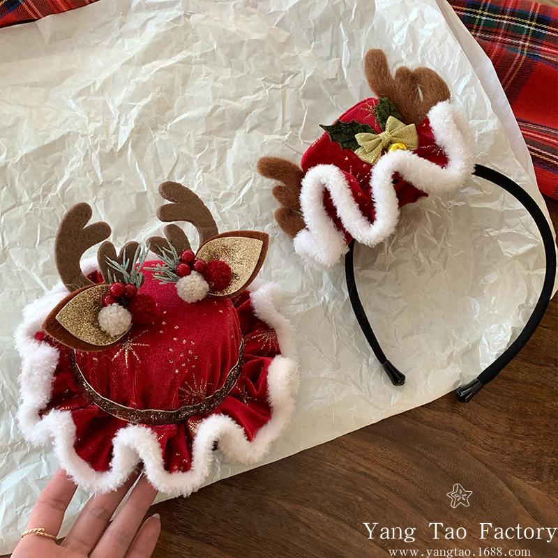 Nuevos productos originales de Navidad transfronterizos de peluche de cuerno de ciervo sombrero de Navidad clips para el cabello adorable atmósfera de fotografía de cabello