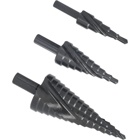 Cross-border 3-piece high-speed steel nitride black spiral groove triangle handle titanium-plated step drill metric pagoda drill suit