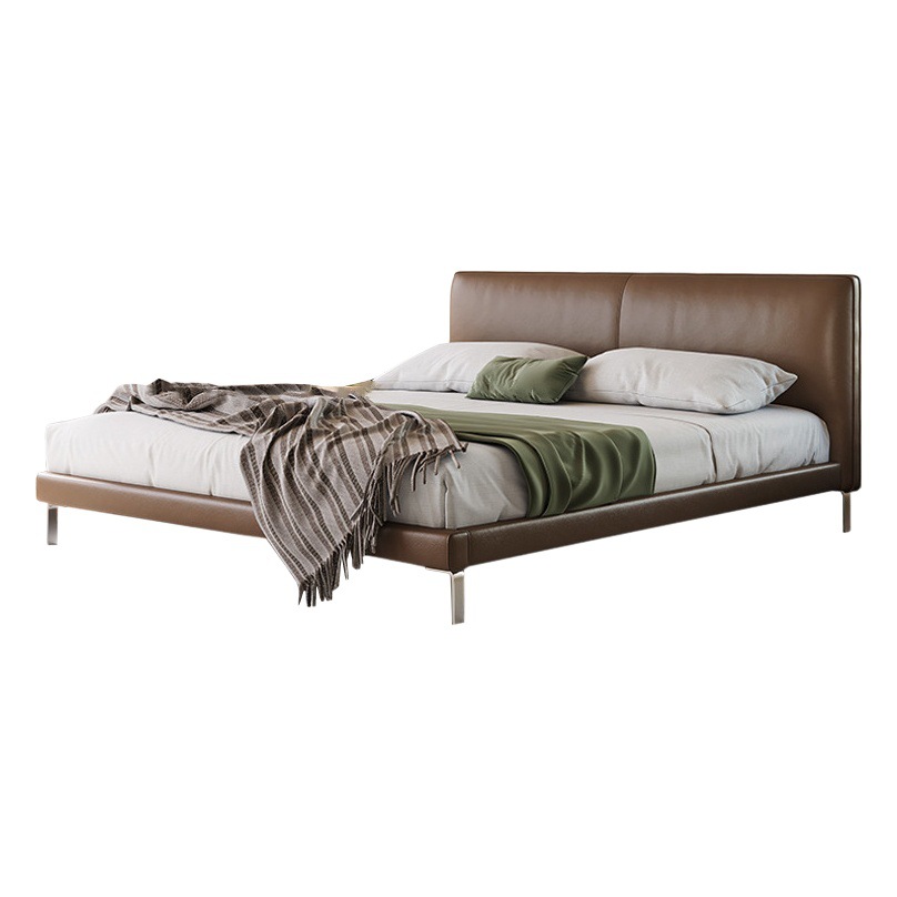 Cama de cuero genuino italiano minimalista cama suave dormitorio principal moderno minimalista cama doble 1,8 m delgada cabecera negro borde-longitud