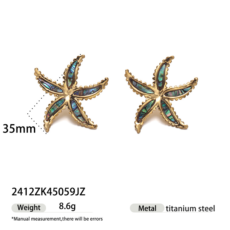 Anillo de acero inoxidable europeo y americano Taina, sentido de nicho de alta gama, estrella de cinco puntas para damas, pendientes de concha con incrustaciones, joyería de mano de lujo ligera