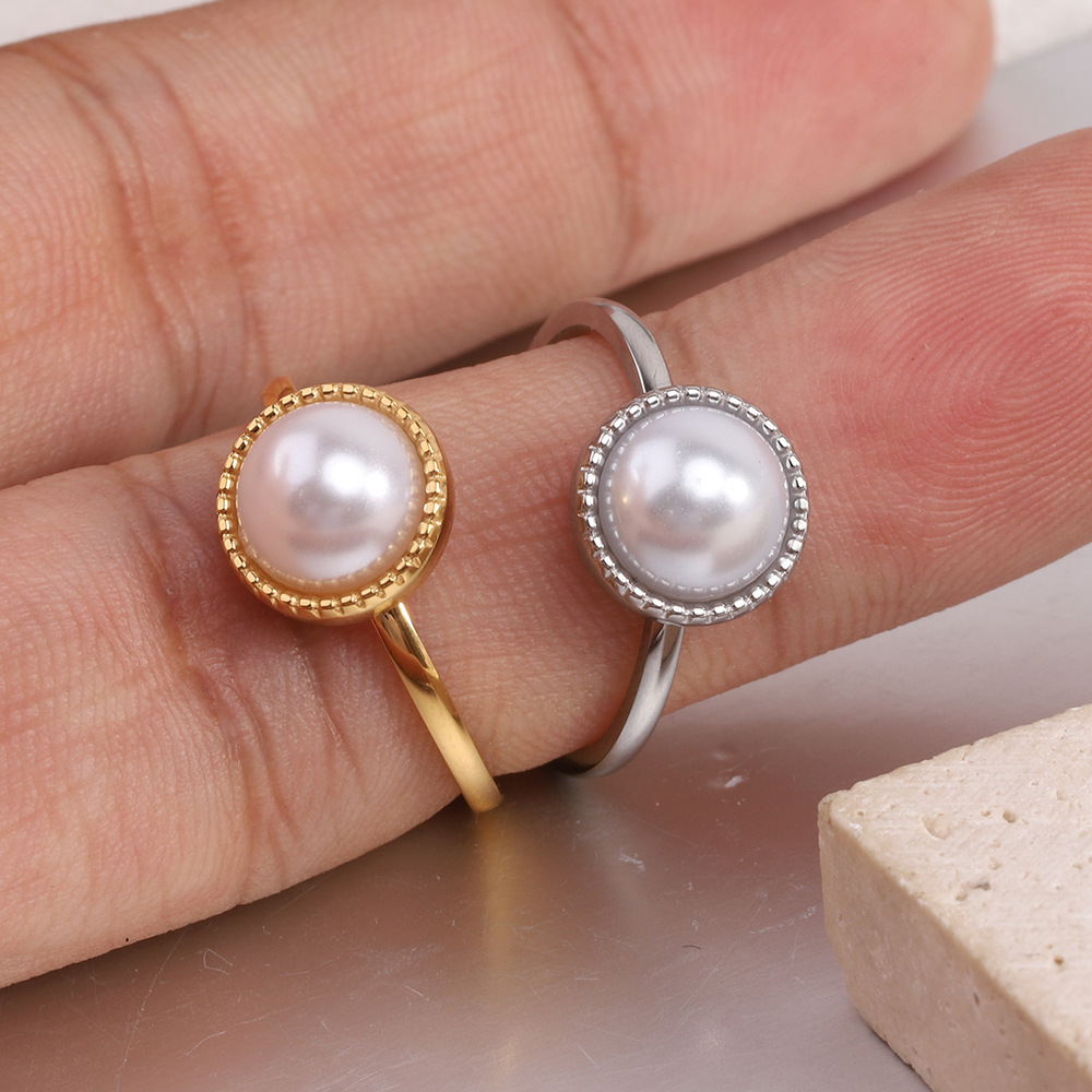 Pearl Design Simple Style Round Titanium Steel Pearl Pearl Rings