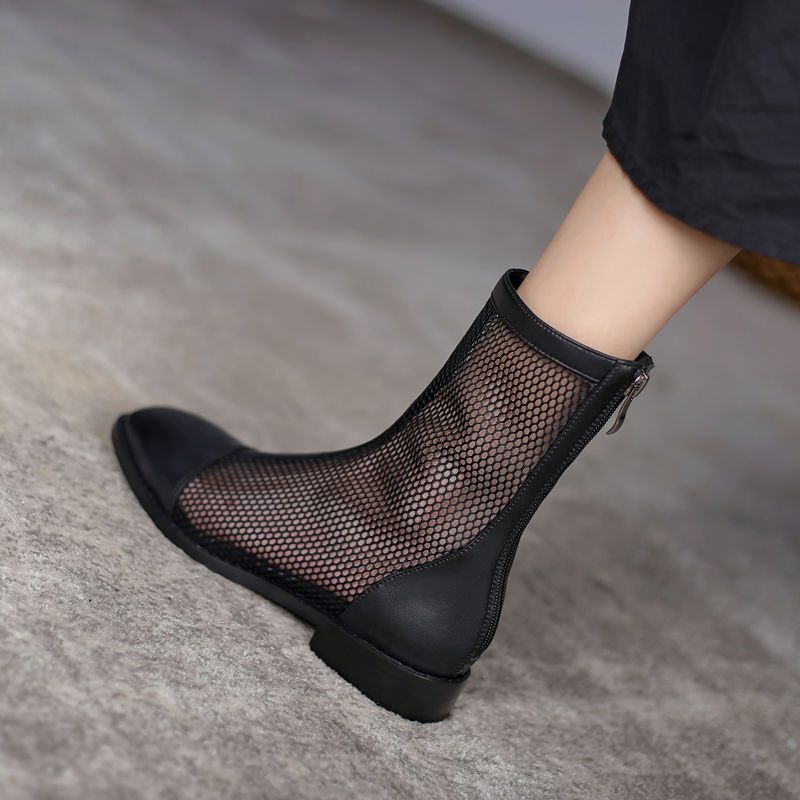 Thick Heel Mesh Sandals for Women, Square Toe Low Heel Sandals, Mesh Boots, 2025 Summer New Style Roman Cut Out Boots