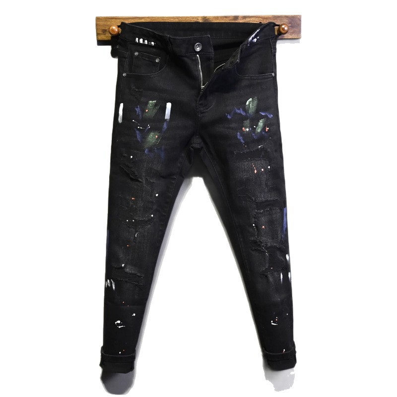 Men's Clothing Men's Street Style Ripped Jeans Distressed Black Gray Washed Paint Print Slim Fit Skinny Jeans_mkmklike.com