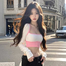 TZ5514纯欲辣妹风撞色方领短款上衣女新款时尚百搭减龄打底衫