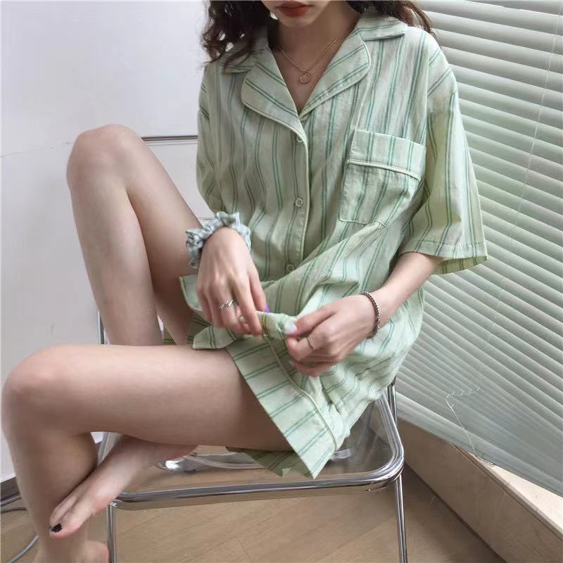 2025 lindo traje de pijama de lunares de oso de estilo ins para mujer cárdigan de cuello redondo de verano suelto y se puede usar en el hogar
