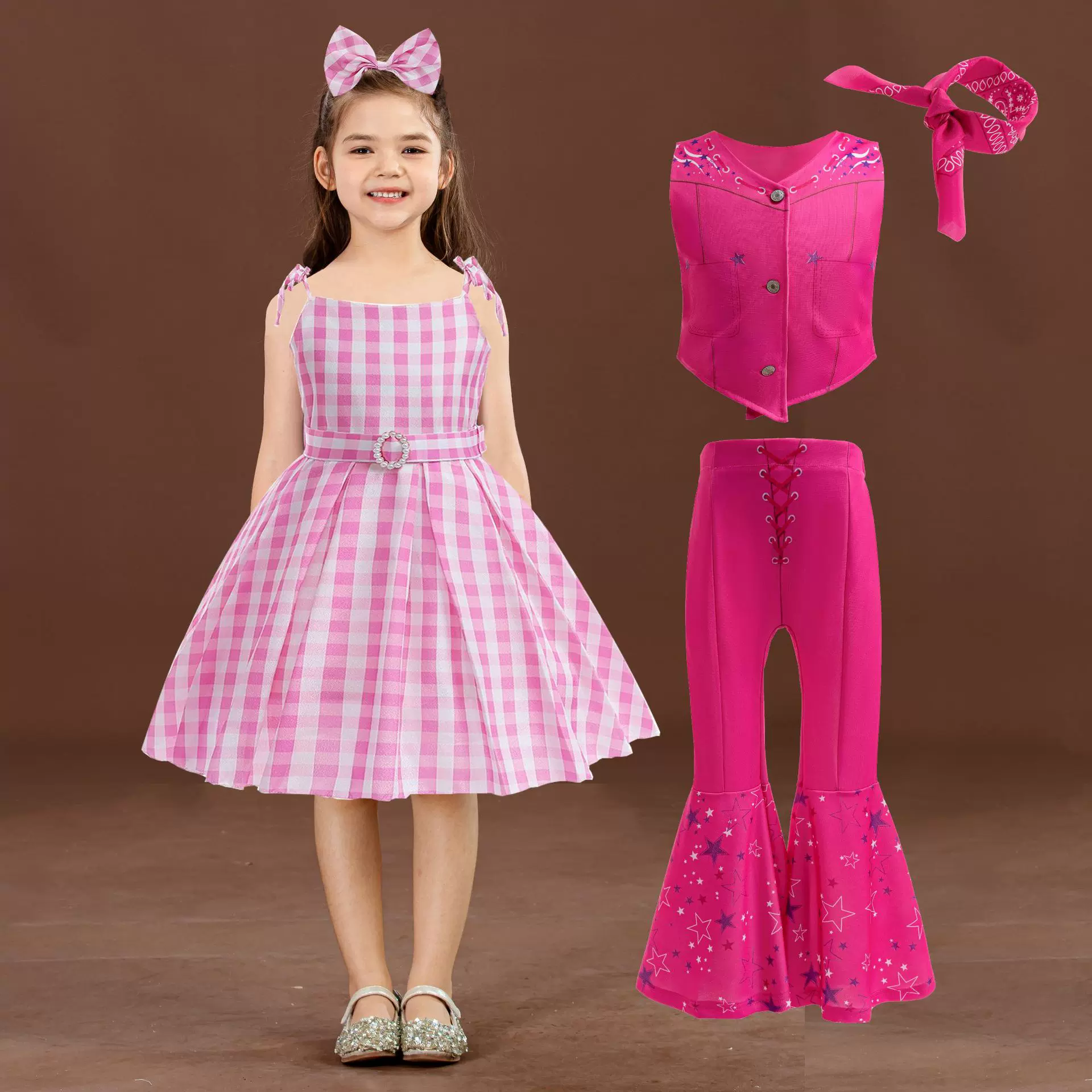 送腰带发饰真人版电影芭比女童连衣裙公主裙儿童Cosplay粉色格子