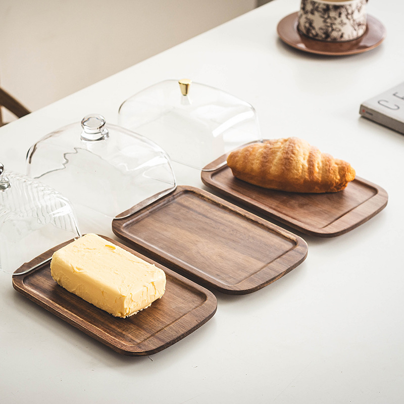 Mantequilla de madera sólida, bandeja de almacenamiento, cubierta de vidrio a prueba de polvo, bandeja de fruta de madera acacia, bandeja de té de la tarde, venta transfronteriza
