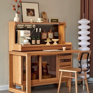 North America Cherry Wood Sideboard Dining Table Integrated Modern Simple Small Apartment Solid Wood Rotating Push-pull Dining Table Storage Cabinet
