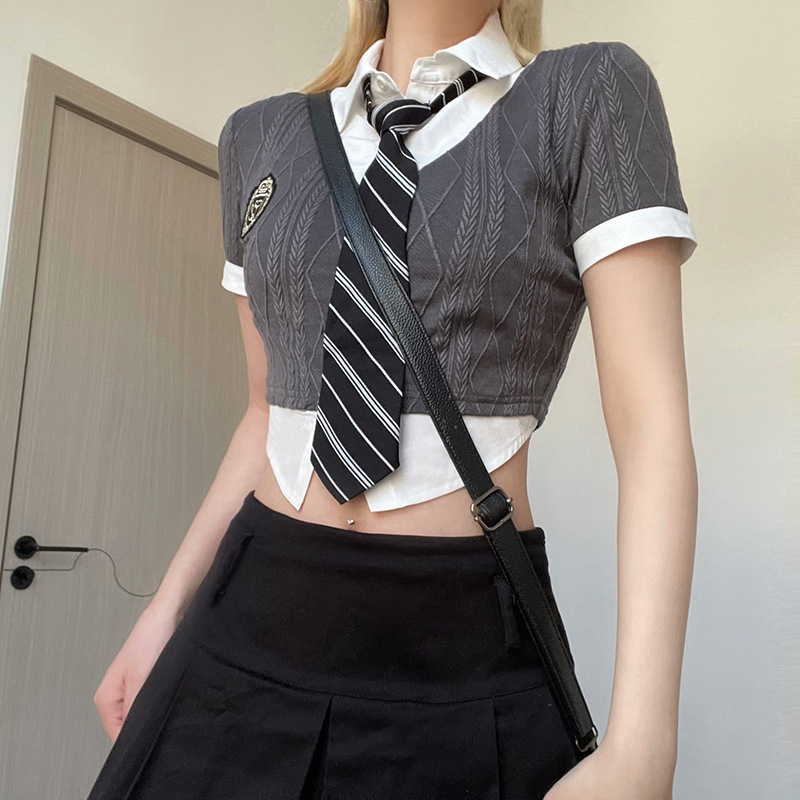 2025春季新款欧美跨境学院风修身假两件拼接翻领短款露脐短袖T恤|undefined
