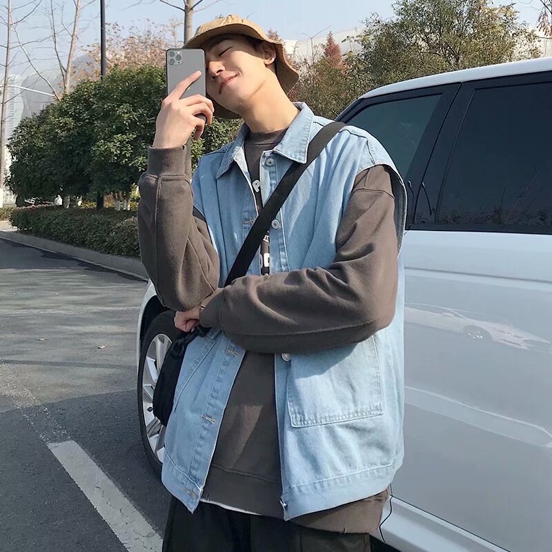 Denim Jacket Vest Men's Spring and Autumn New Korean Style Ins Loose Retro Hong Kong Style Casual Sleeveless Vest Coat
