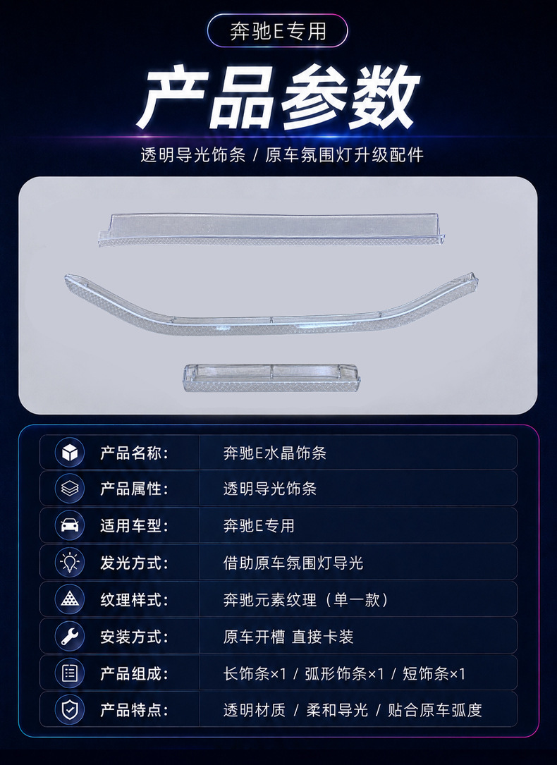 Suitable for Mercedes-Benz E-Class E260L center console ambient lighting, starry sky screen, crystal frame under the screen, E300 interior decoration accessories