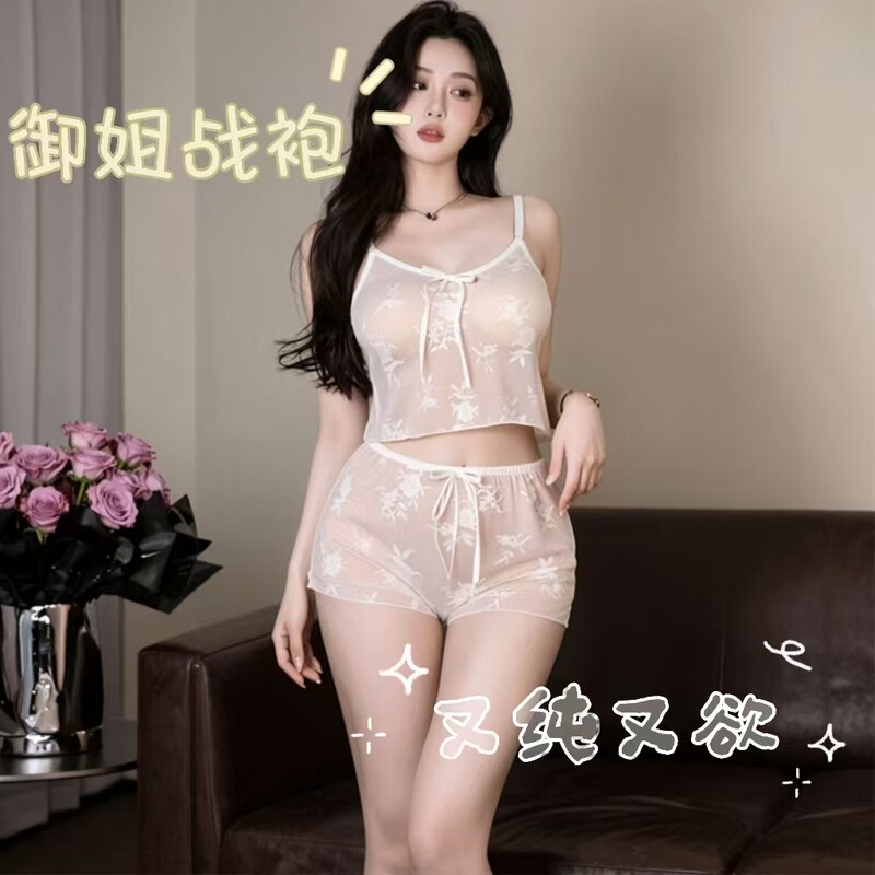 French-style sexy lingerie, pure desire style, camisole shorts pajamas, lace transparent flirtatious sexy lingerie, hollow-out design qqny