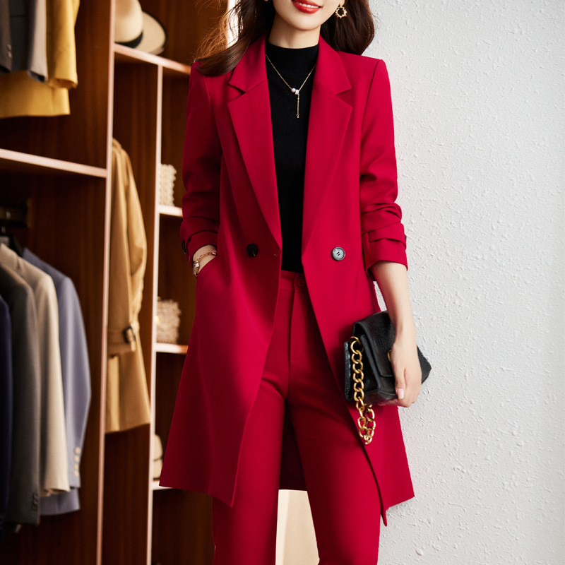 夹棉加厚酒红色风衣外套女中长款冬季新款年会工作服休闲西装大衣