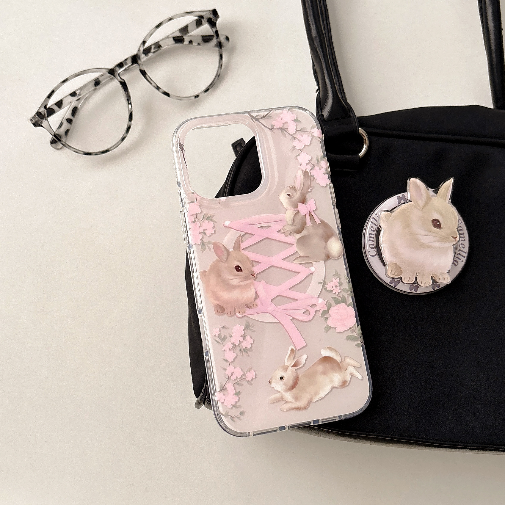 Conejo de lazo de encaje de dibujos animados para iPhone16Pro funda para teléfono móvil 15ProMax magnético 14Pro hembra 13