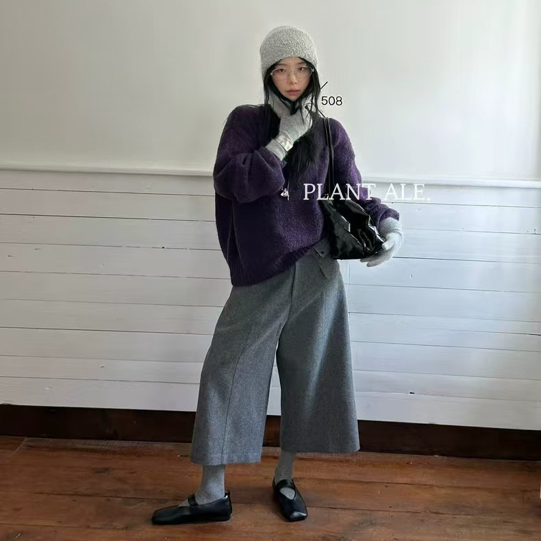 秋冬纯色百搭极简直筒配腰包羊毛设计感小众八分裤韩系中裤R6114