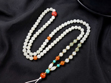 原创天然新疆和田玉珠链挂绳批发女白玉圆珠挂链搭配南红朱砂珍珠