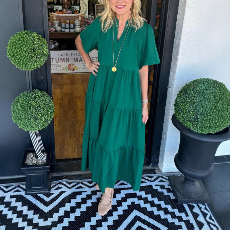 2024 Cross-Border Summer V-Neck Layered Pocket Mid-Length Dress Loose Women's Casual Dress