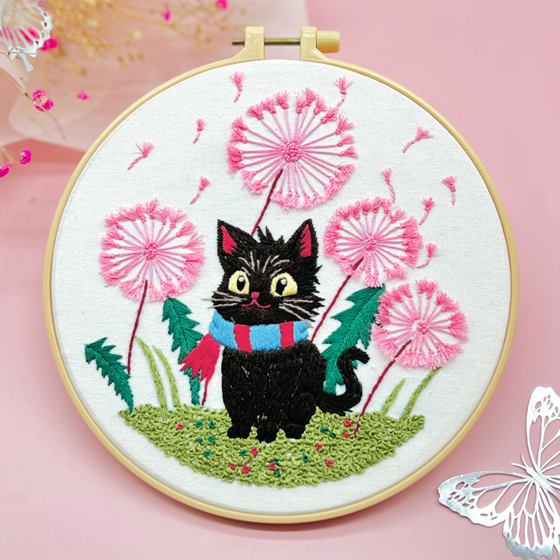 Kit de bordado de gatos Lu bordado novato paquete de materiales básicos diy inglés dibujos animados paquete de ejercicios creativo para niños cuelgan pinturas