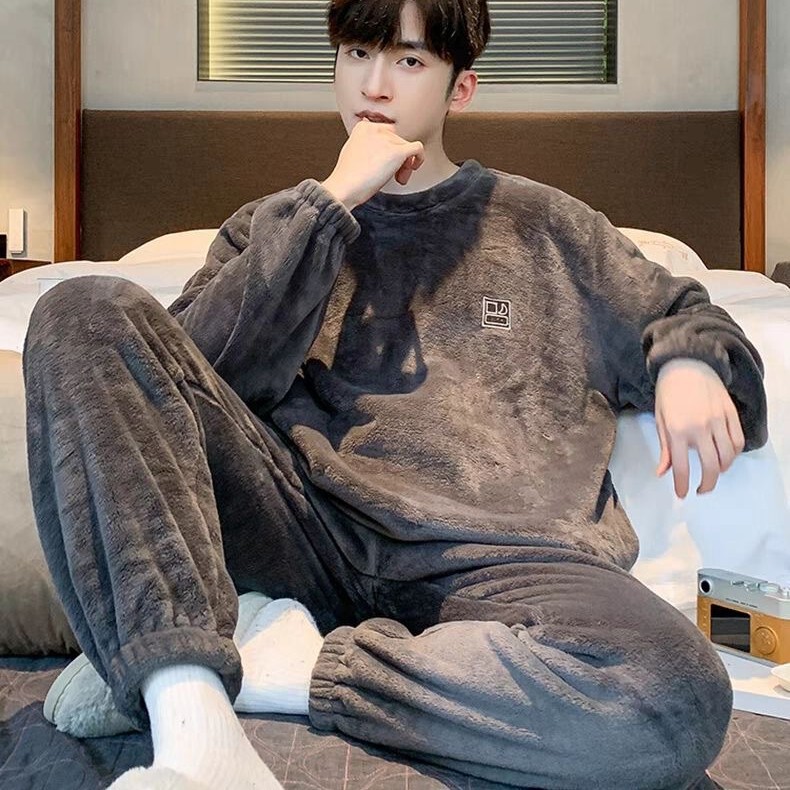 Cross-Border Men's Warm Coral Fleece Pajamas Winter Set Autumn and Winter Style Plus Velvet Large Size Youth Home Wear Wholesale