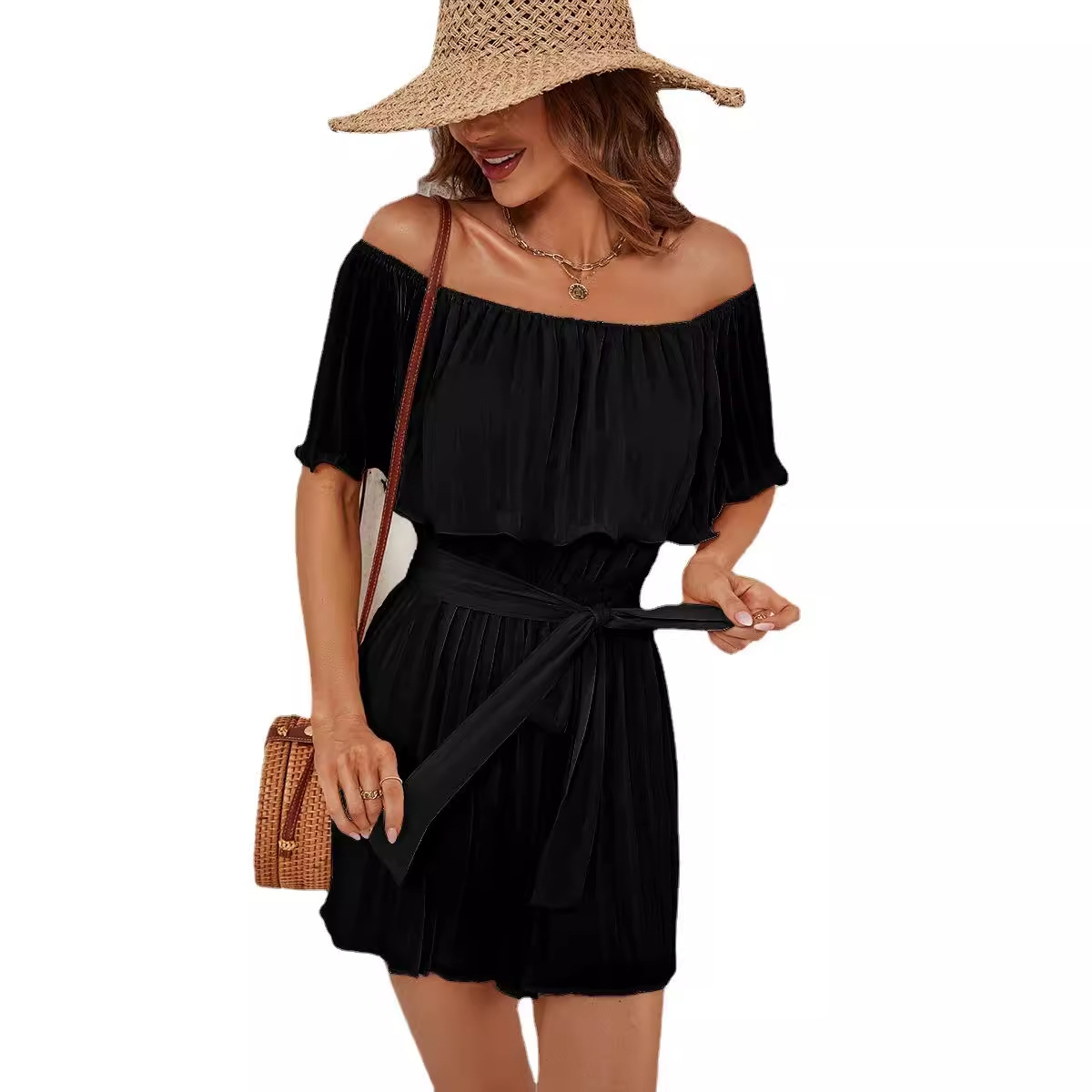 Amazon transfronterizo de comercio exterior ropa de mujer estación europea verano nuevo fuera del cuello sexy plisado mono de media manga para mujeres
