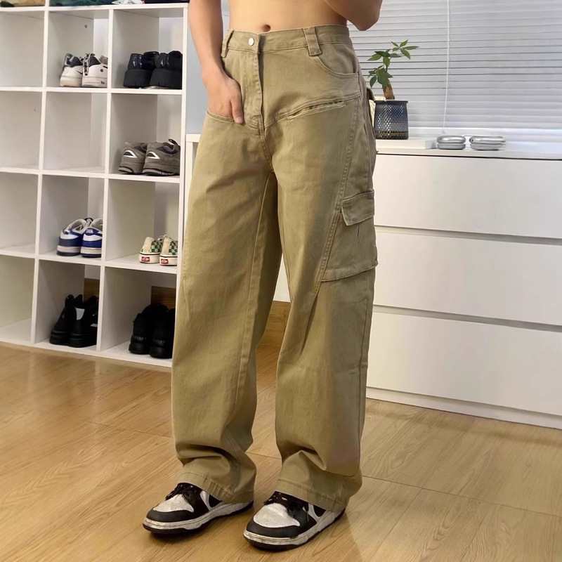 American Style Vintage Washed Wide-leg Tooling Lumber Pants Women's Fashionable Vibe Straight Loose Multi-pocket Casual Pants American Style Vintage Washed Wide-leg Tooling Lumber Pants Women's Fashionable Vibe Straight Loose Multi-pocket Casual Pants