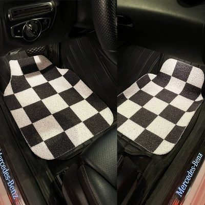 Black and white grid car silk Avtomobil döşəmə paspasları - wire-ring-black-and-white-grid-front-foot-pad-2-pieces-first-5064-after-5050