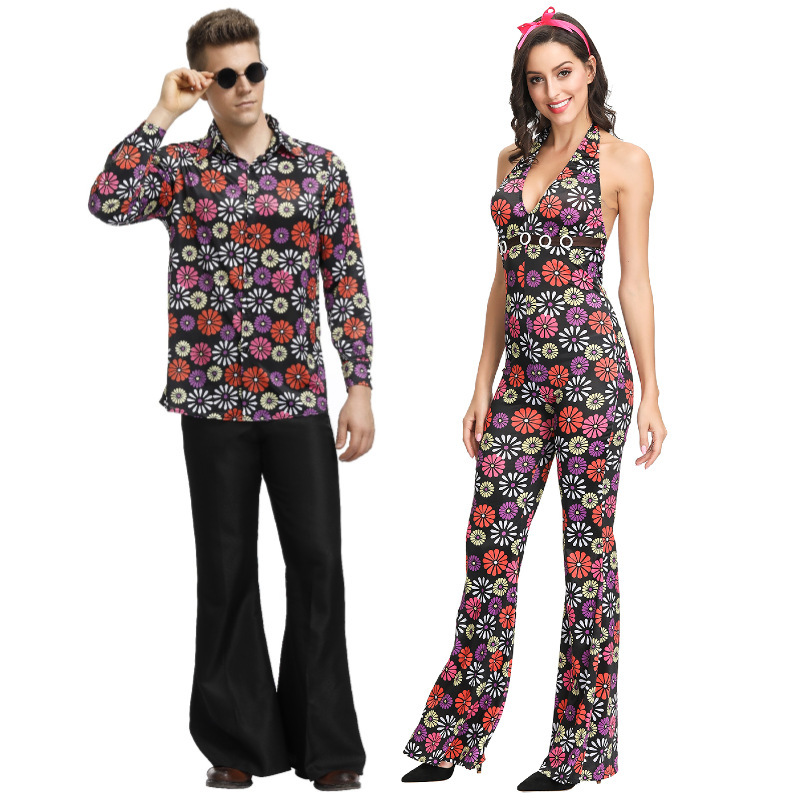 Halloween Men's Cosplay Hip-Hop Singer Couple Costume 90S Retro Floral Performance Costume for Adults