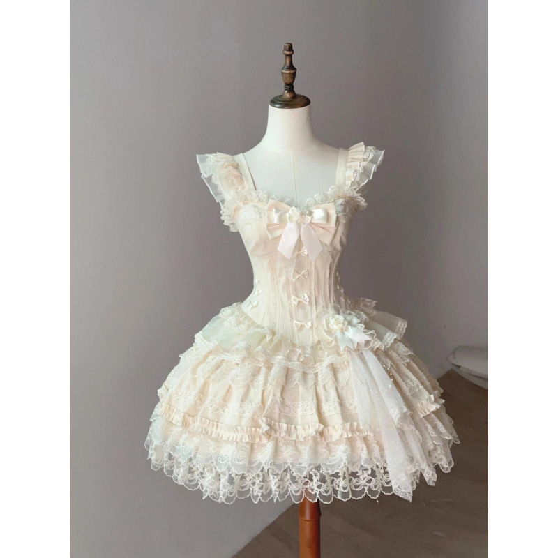 甜美Lolita洛丽塔蝴蝶结吊带连衣裙夏季新款收腰蓬蓬蛋糕短裙子女|undefined